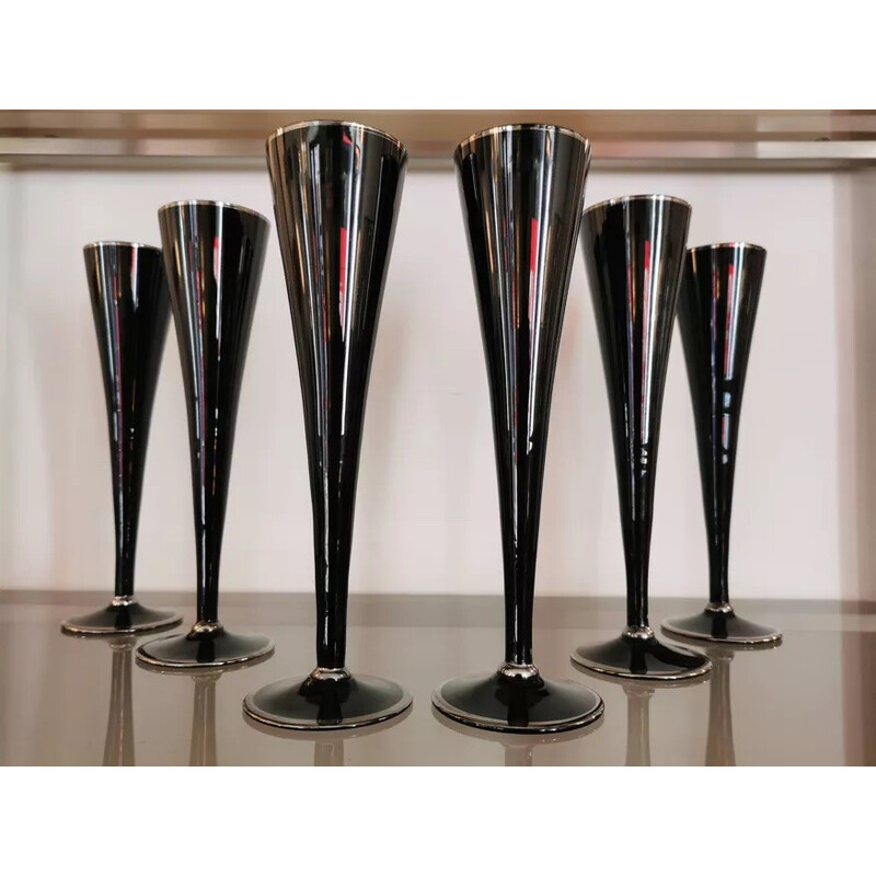 Set of 6 vintage black and silver glass champagne flutes