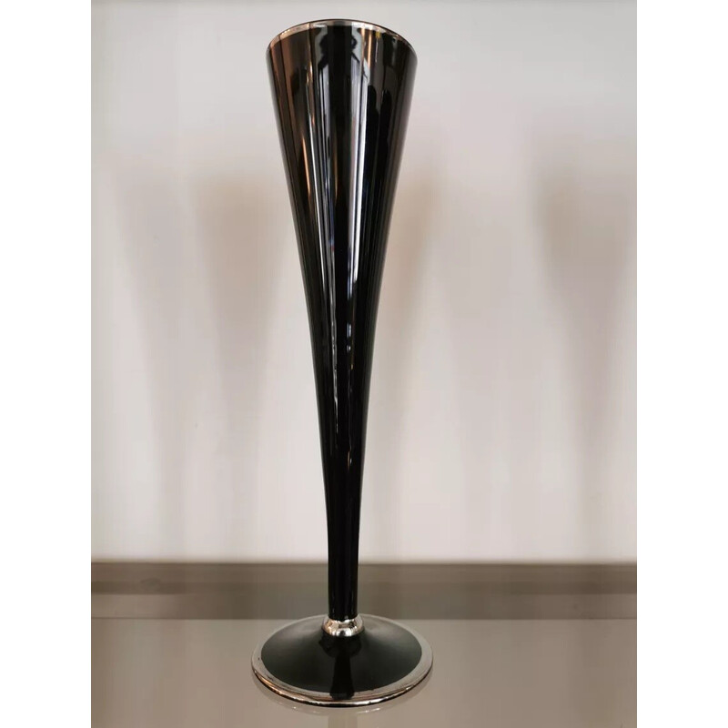 Set of 6 vintage black and silver glass champagne flutes