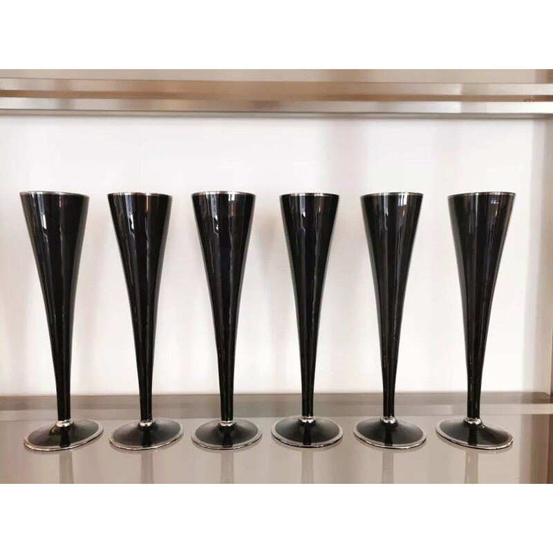 Set of 6 vintage black and silver glass champagne flutes