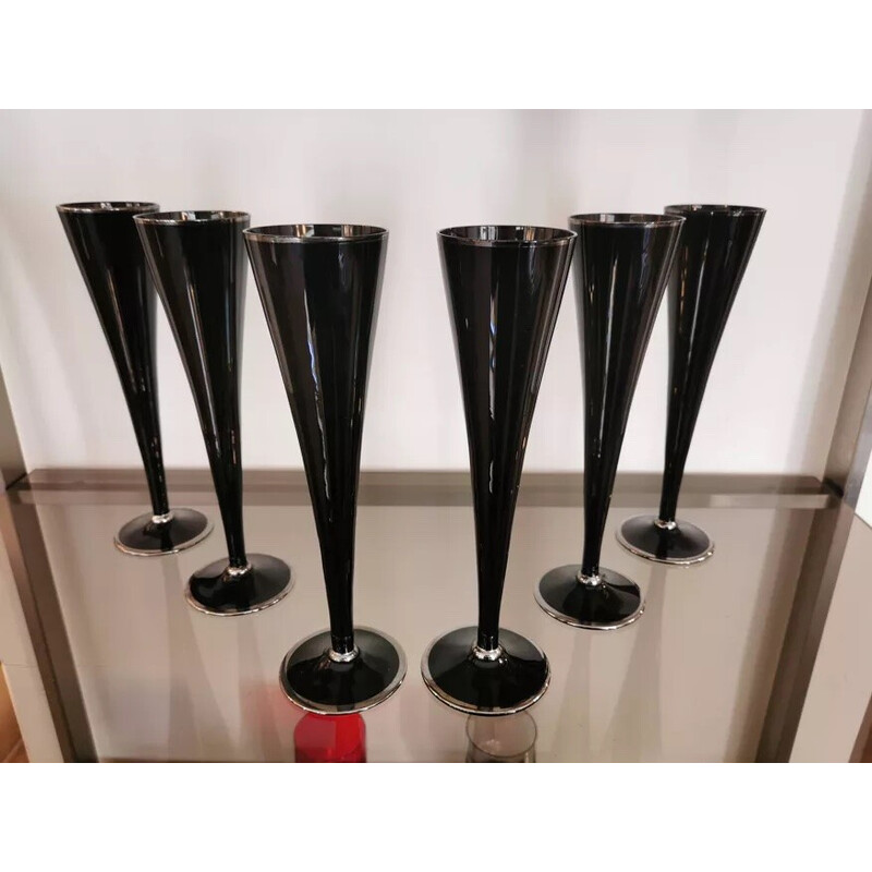 Set di 6 flûte da champagne vintage in vetro nero e argento