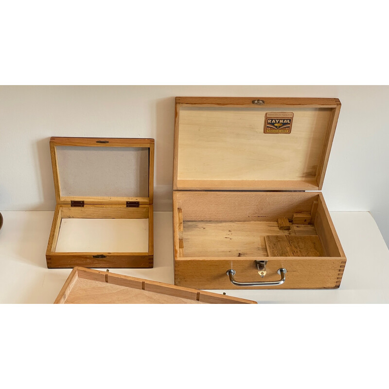 Set van 3 vintage houten zwaluwstaartkisten