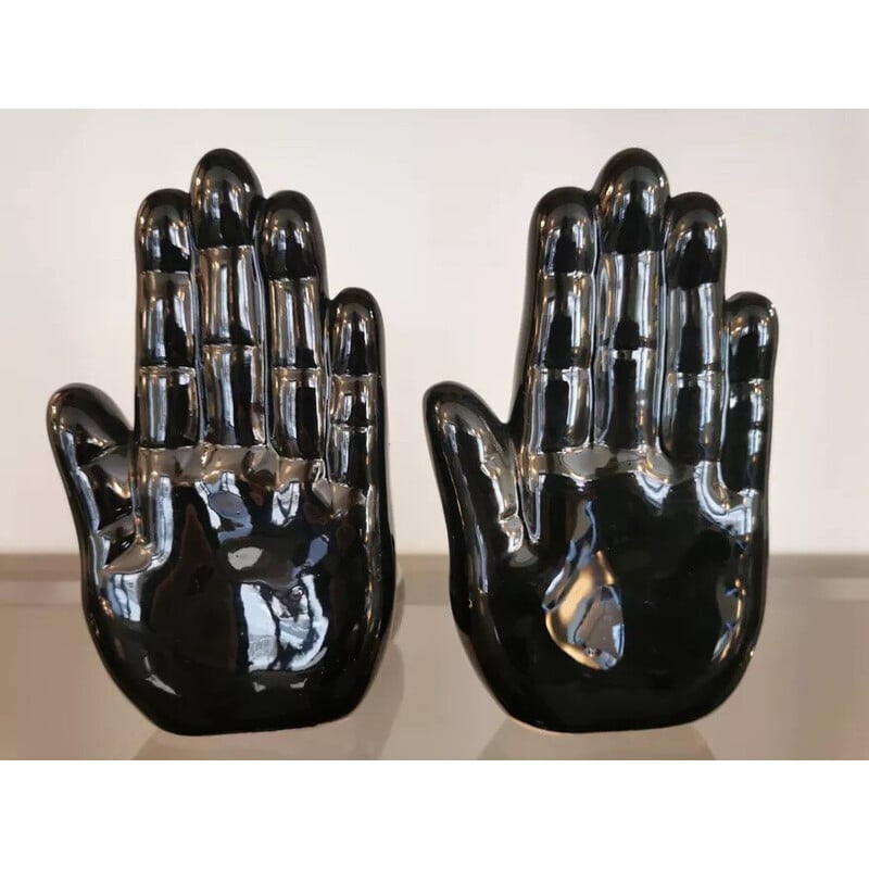 Coppia di fermalibri vintage in ceramica nera a forma di mano