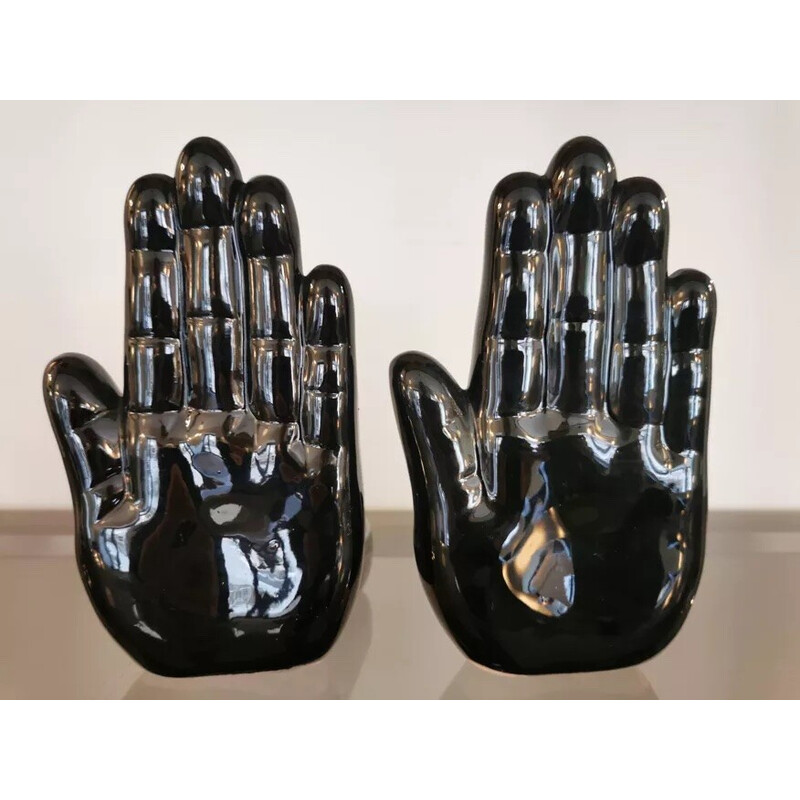 Par de sujetalibros vintage de cerámica negra en forma de mano