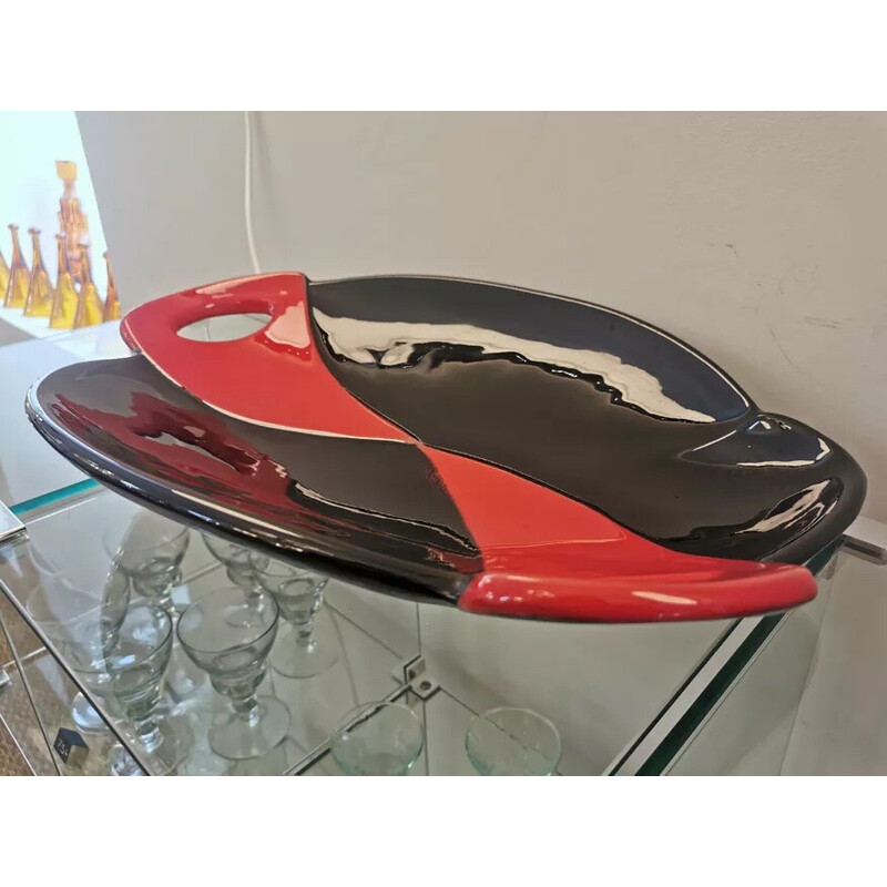 Vintage red and black glazed ceramic fruit bowl, 1960