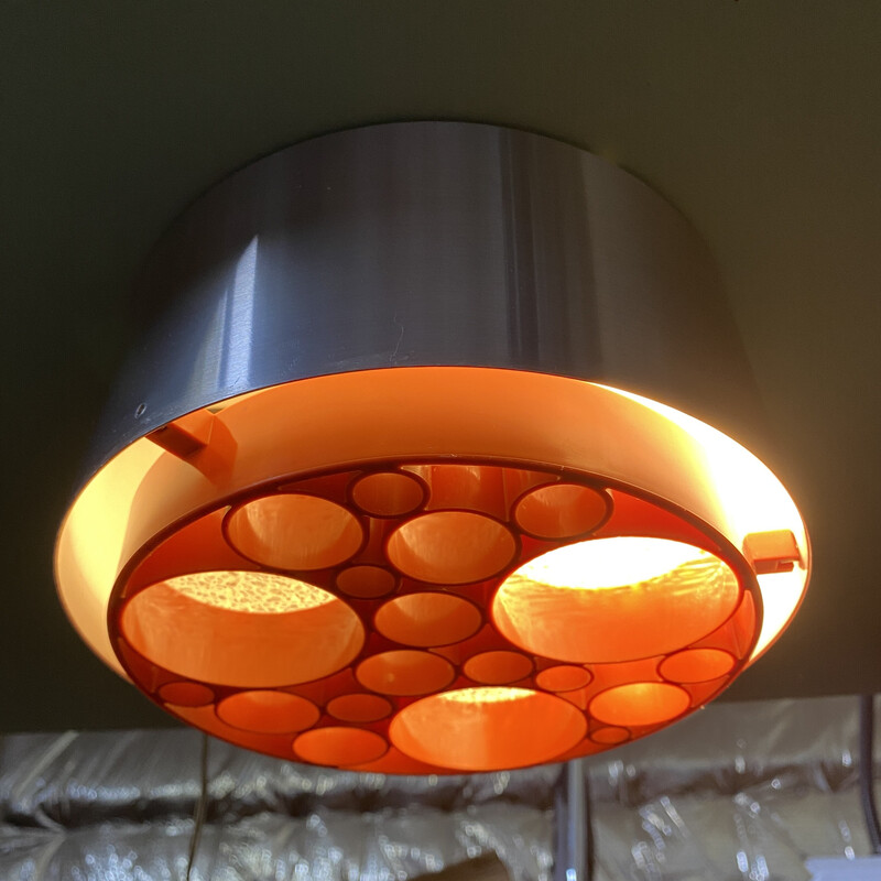 Pair of vintage "Alliance" ceiling lamp in brushed aluminum and glass for Raak, Netherlands 1968