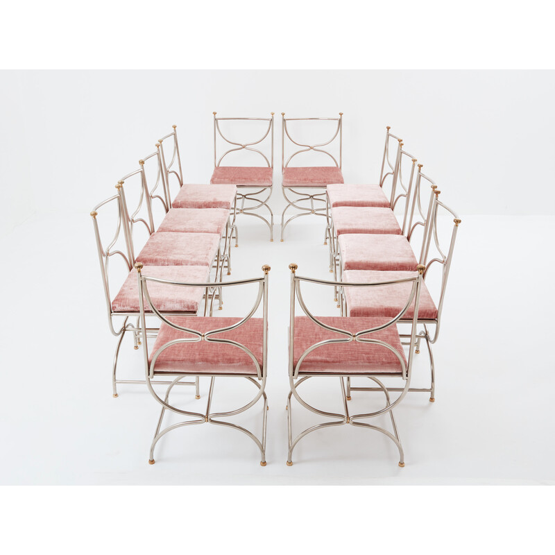 Juego de 12 sillas vintage "Curule Savonarola" en latón y terciopelo rosa para Maison Jansen, 1960