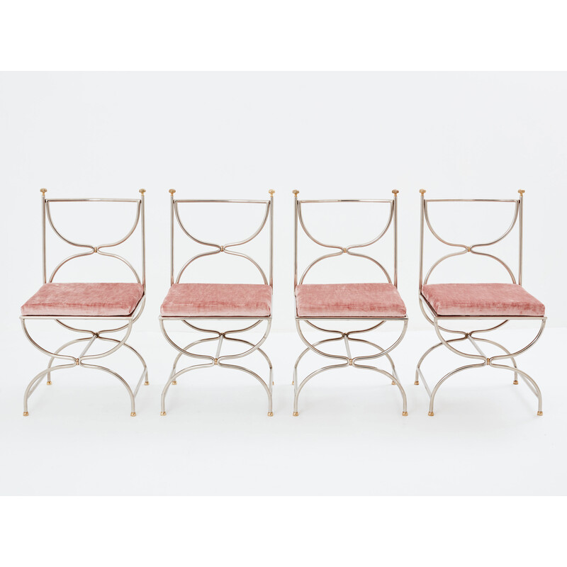 Lot de 12 chaises vintage "Curule Savonarola" en laiton et velours rose pour Maison Jansen, 1960