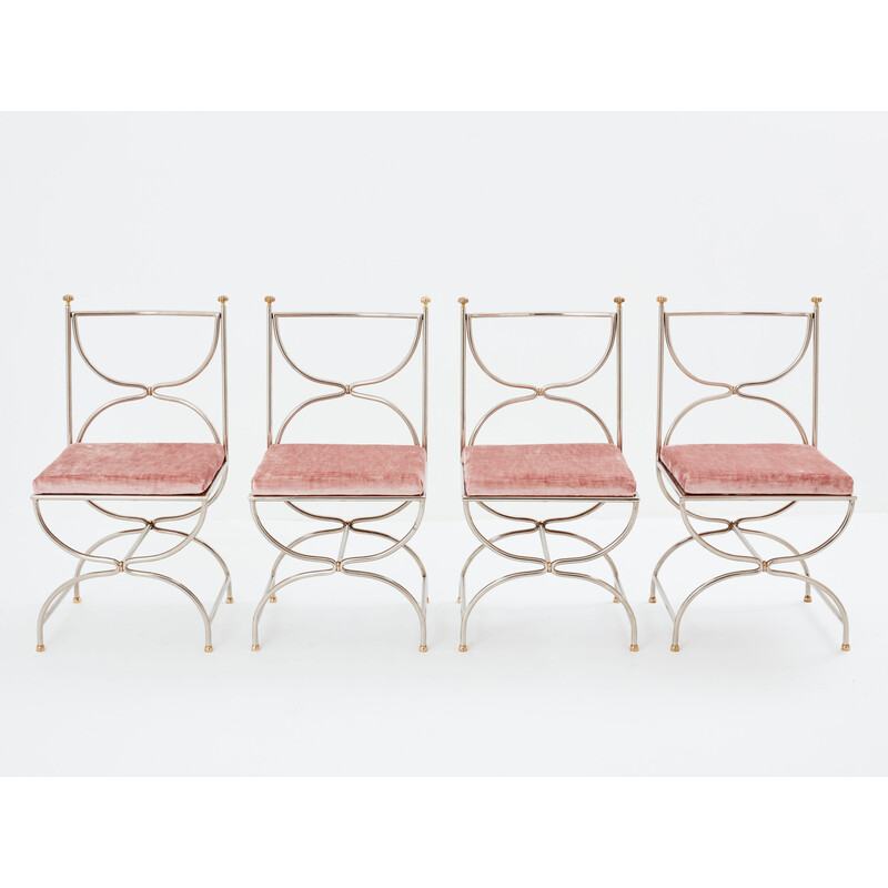 Set of 12 vintage "Curule Savonarola" chairs in brass and pink velvet for Maison Jansen, 1960