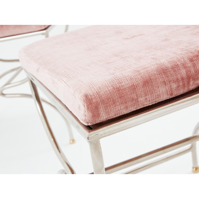 Conjunto de 12 cadeiras "Curule Savonarola" vintage em latão e veludo cor-de-rosa para a Maison Jansen, 1960