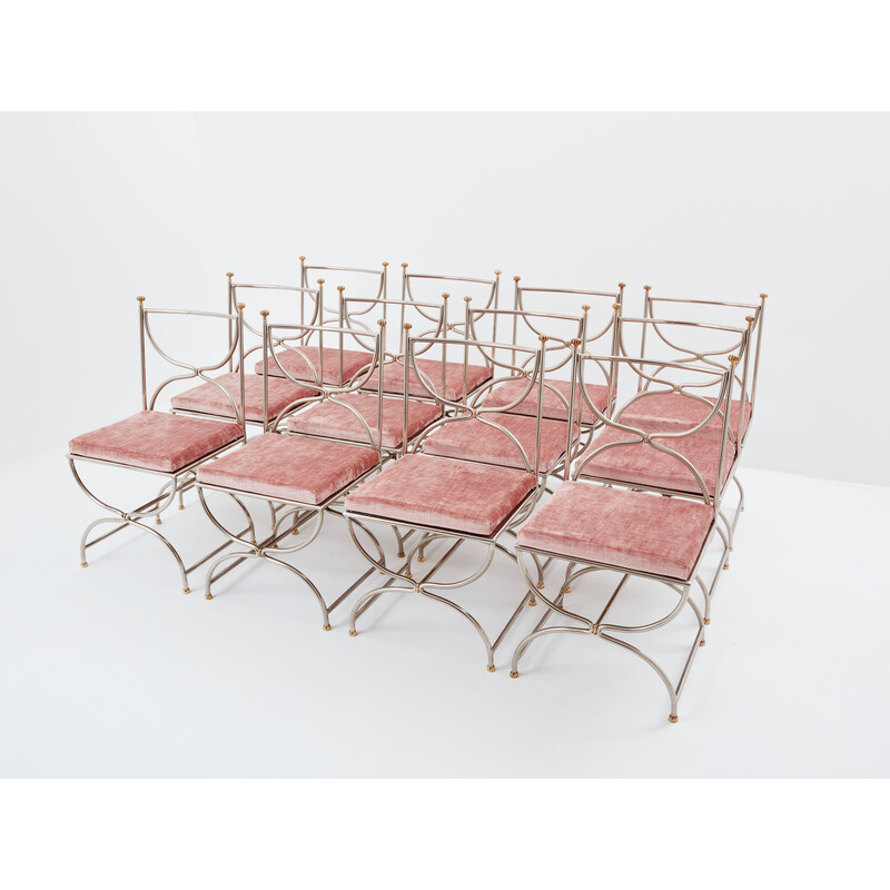 Set of 12 vintage "Curule Savonarola" chairs in brass and pink velvet for Maison Jansen, 1960