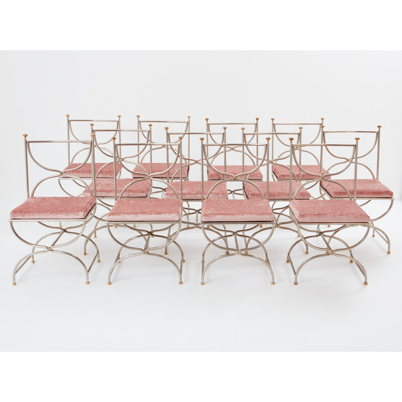 Conjunto de 12 cadeiras "Curule Savonarola" vintage em latão e veludo cor-de-rosa para a Maison Jansen, 1960
