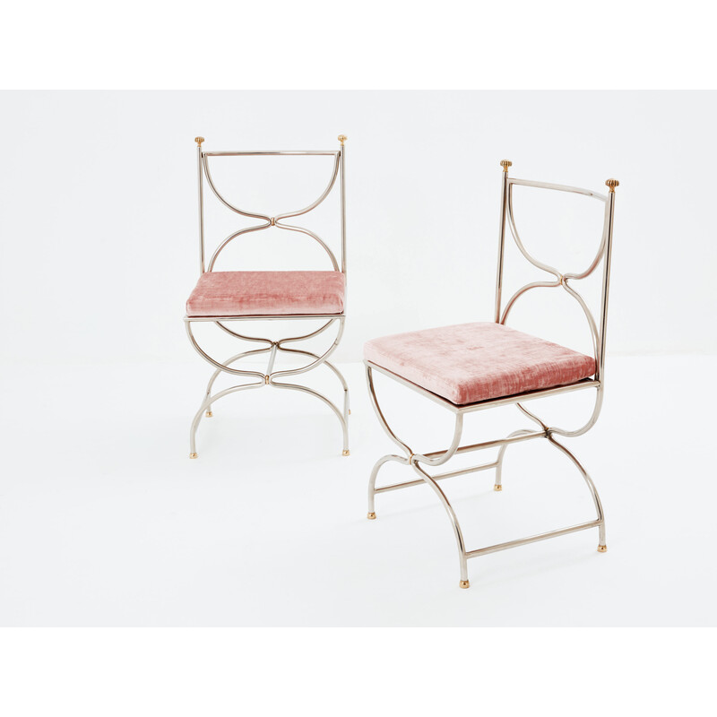 Set van 12 vintage "Curule Savonarola" stoelen in messing en roze fluweel voor Maison Jansen, 1960