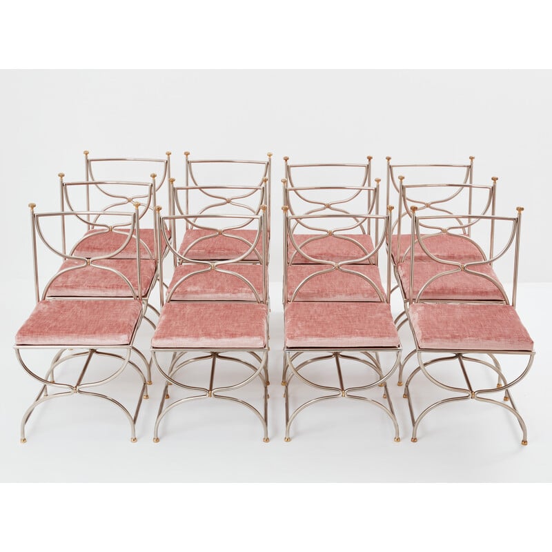 Lot de 12 chaises vintage "Curule Savonarola" en laiton et velours rose pour Maison Jansen, 1960