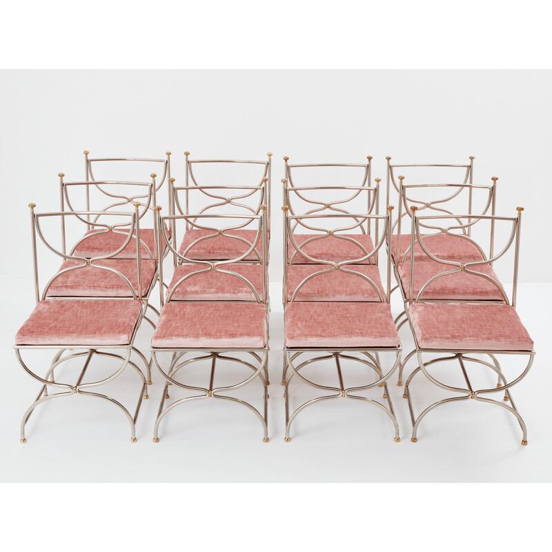 Set of 12 vintage "Curule Savonarola" chairs in brass and pink velvet for Maison Jansen, 1960