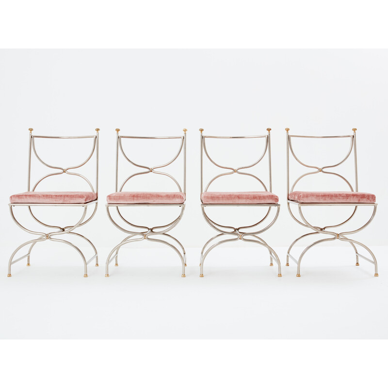 Set von 12 Vintage-Stühlen "Curule Savonarola" aus Messing und rosa Samt für Maison Jansen, 1960