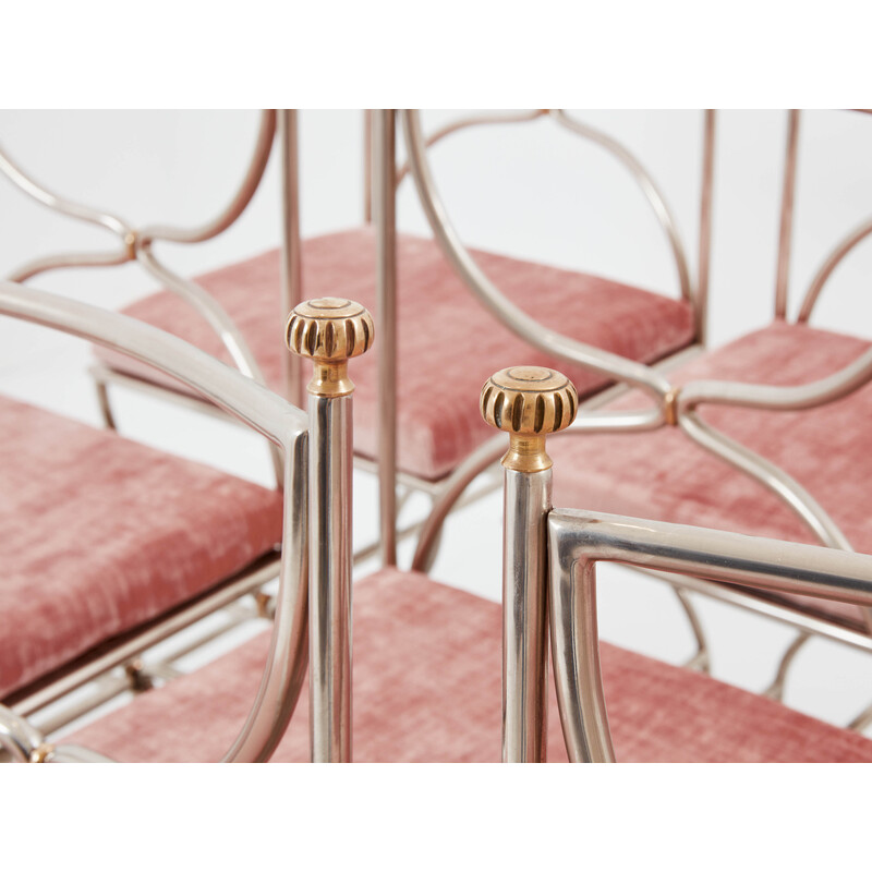 Set of 12 vintage "Curule Savonarola" chairs in brass and pink velvet for Maison Jansen, 1960