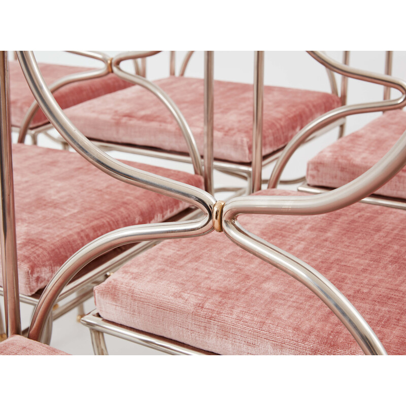 Set of 12 vintage "Curule Savonarola" chairs in brass and pink velvet for Maison Jansen, 1960