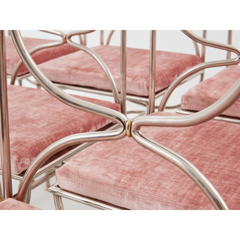 Set van 12 vintage "Curule Savonarola" stoelen in messing en roze fluweel voor Maison Jansen, 1960
