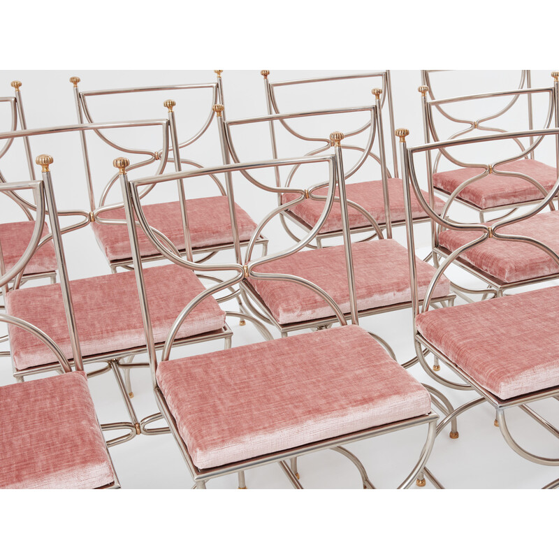 Set of 12 vintage "Curule Savonarola" chairs in brass and pink velvet for Maison Jansen, 1960