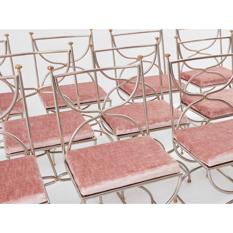 Set von 12 Vintage-Stühlen "Curule Savonarola" aus Messing und rosa Samt für Maison Jansen, 1960