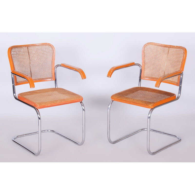 Pair of vintage beech and rattan armchairs by Robert Slezak, Czechoslovakia 1930