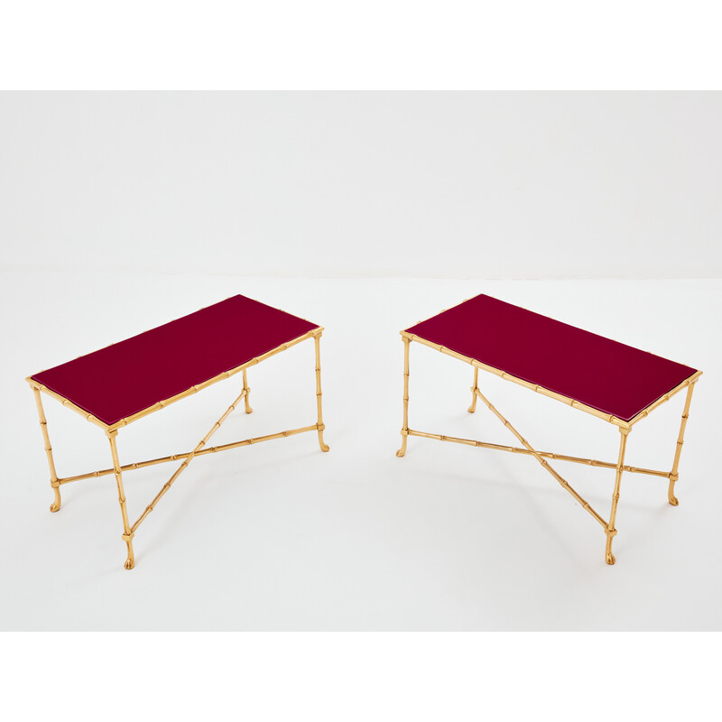 Pair of vintage end tables in red lacquered brass for Maison Jansen and Maison Baguès, 1960