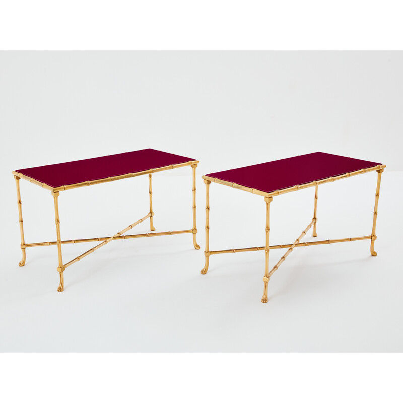 Pair of vintage end tables in red lacquered brass for Maison Jansen and Maison Baguès, 1960