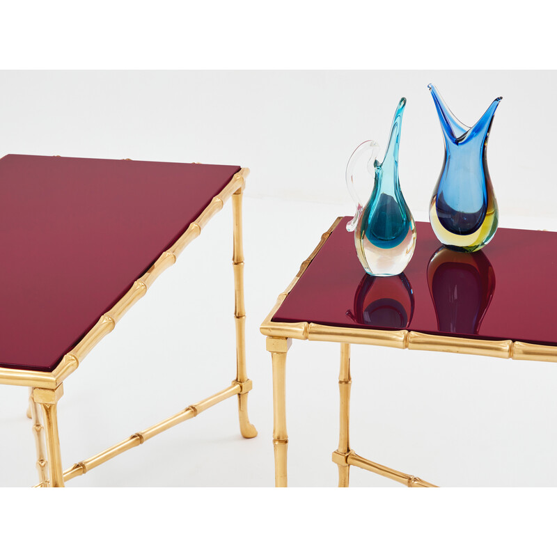 Pair of vintage end tables in red lacquered brass for Maison Jansen and Maison Baguès, 1960