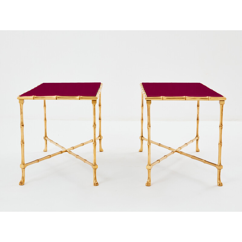 Pair of vintage end tables in red lacquered brass for Maison Jansen and Maison Baguès, 1960
