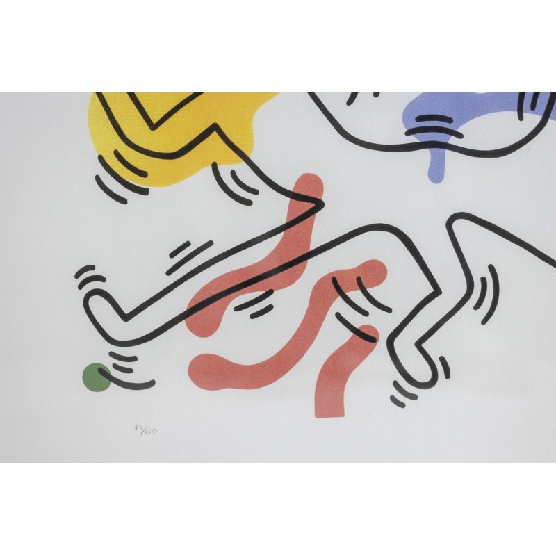 Serigrafía vintage en marco de roble de Keith Haring, EE.UU. 1990