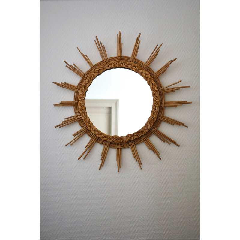 Mid-century braided rattan sun mirror - 1960s