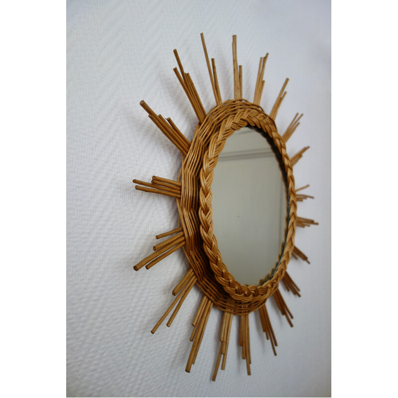 Mid-century braided rattan sun mirror - 1960s