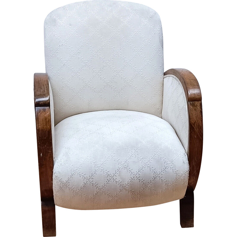 Vintage-Sessel aus dunklem Holz und off-white Baumwolle, 1930
