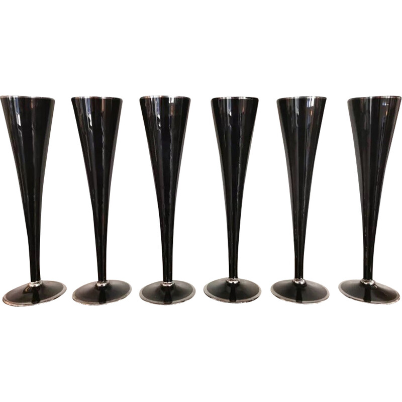 Set of 6 vintage black and silver glass champagne flutes