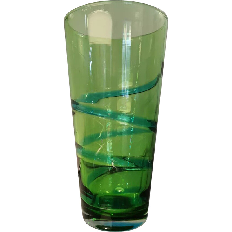 Vaso vintage in vetro soffiato verde con spirale turchese