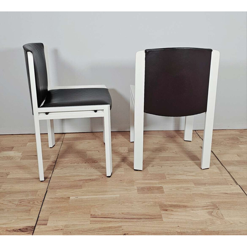Pair of vintage Chair 300 model chairs in relacquered wood and brown leather by Joe Colombo for Pozzi, 1965
