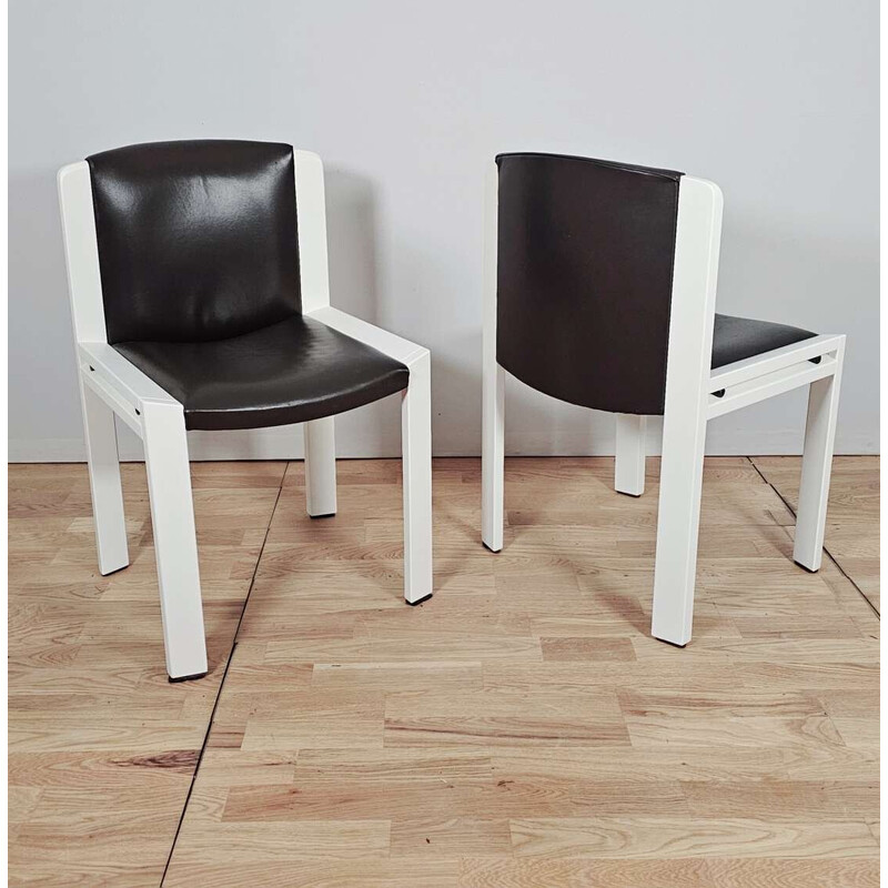 Pair of vintage Chair 300 model chairs in relacquered wood and brown leather by Joe Colombo for Pozzi, 1965