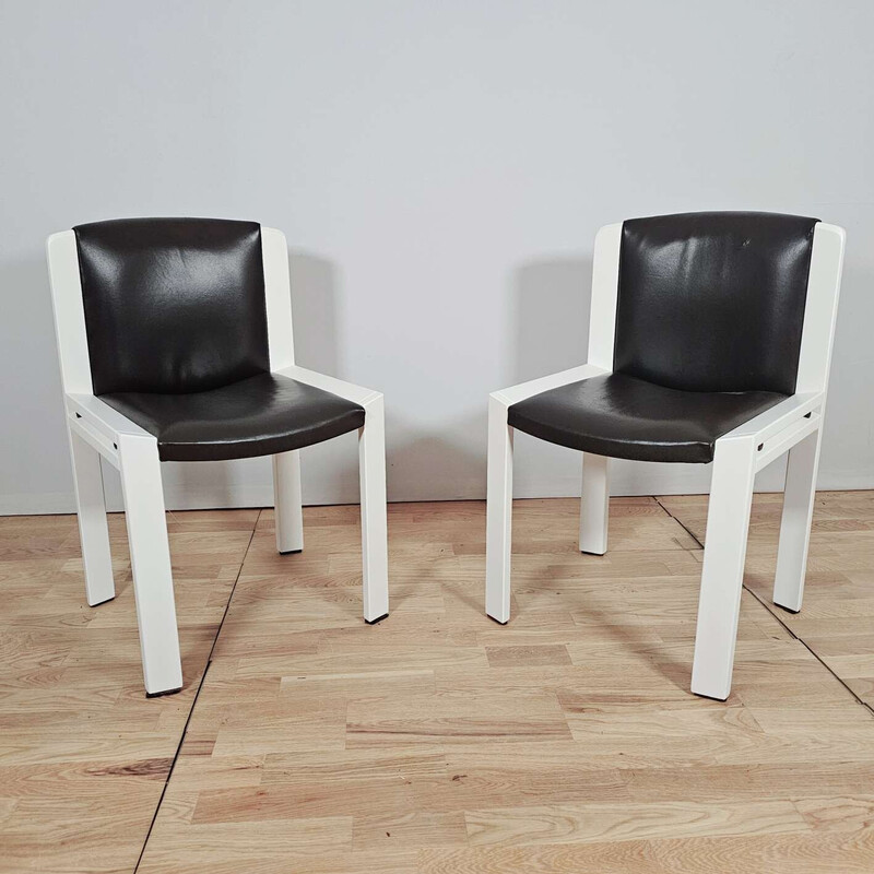 Paar vintage Chair 300 stoelen in opnieuw gelakt hout en bruin leer van Joe Colombo voor Pozzi, 1965