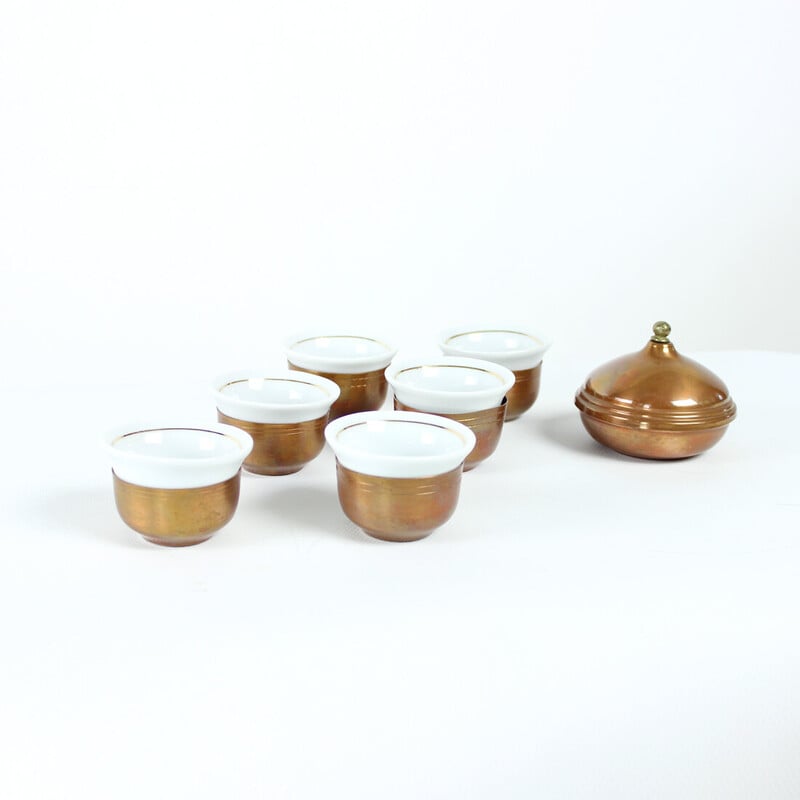 Vintage copper and porcelain espresso service, Czechoslovakia 1960