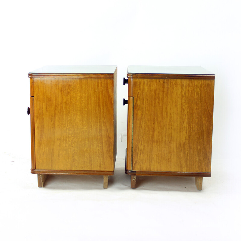 Pair of vintage walnut bedside tables, Czechoslovakia 1950