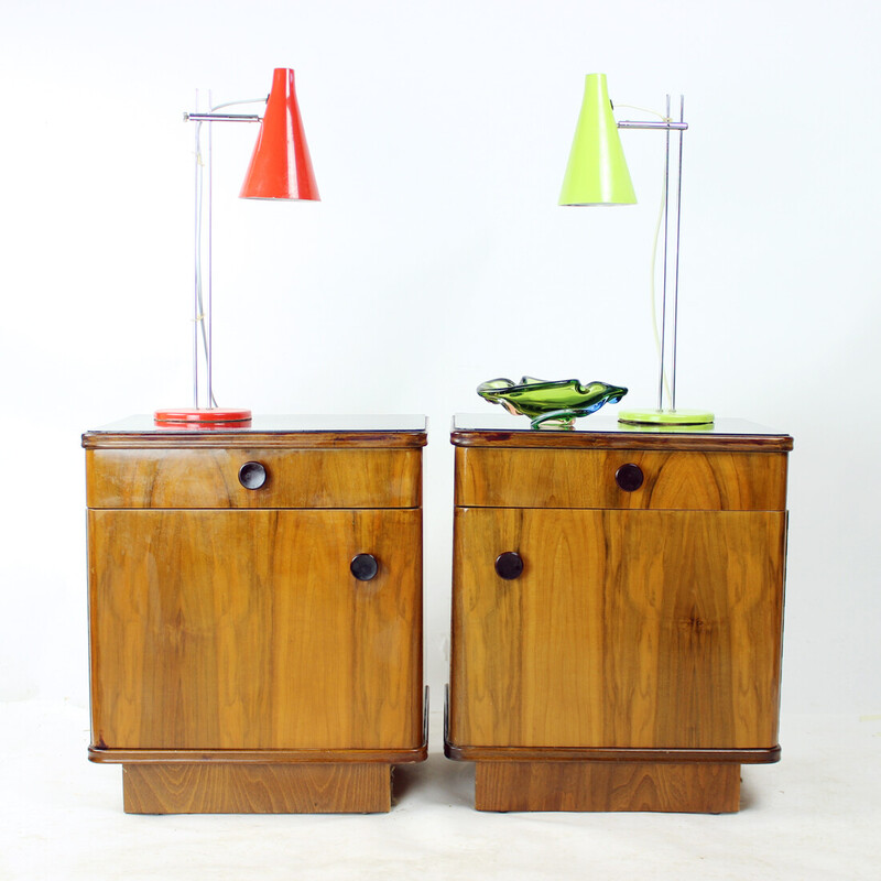 Pair of vintage walnut bedside tables, Czechoslovakia 1950