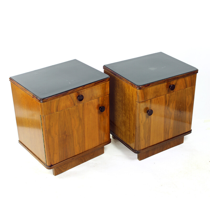 Pair of vintage walnut bedside tables, Czechoslovakia 1950