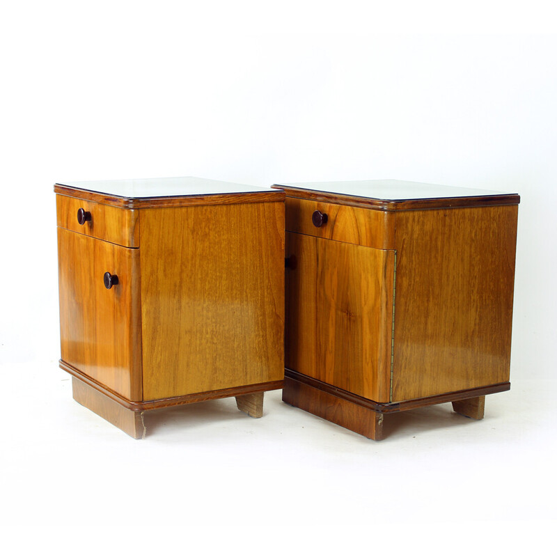 Pair of vintage walnut bedside tables, Czechoslovakia 1950