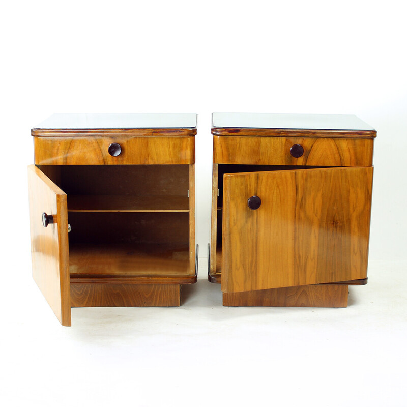 Pair of vintage walnut bedside tables, Czechoslovakia 1950