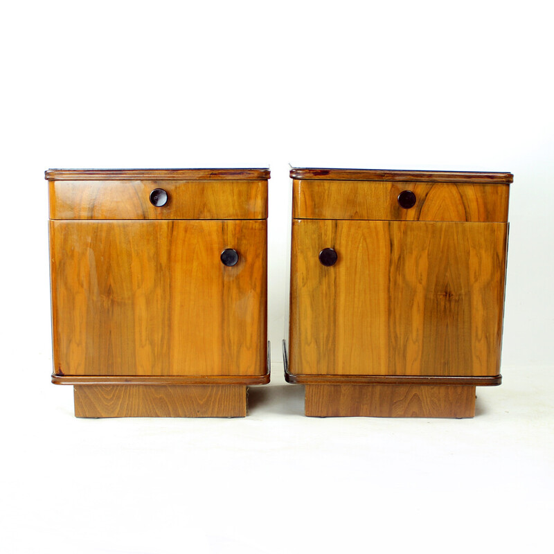 Pair of vintage walnut bedside tables, Czechoslovakia 1950