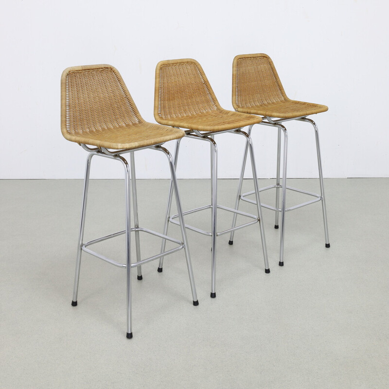 Set of 3 vintage rattan and chrome bar stools for Rohé Noordwolde, 1960