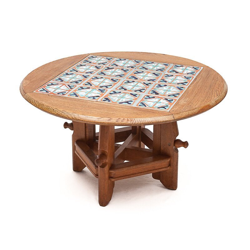 Table monte-baisse vintage "Ladislas" en chêne et céramique par Guillerme et Chambron, 1950