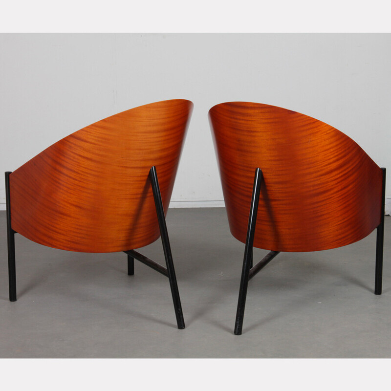 Pair of vintage Pratfall armchairs in mahogany plywood by Philippe Starck for Driade, 1982