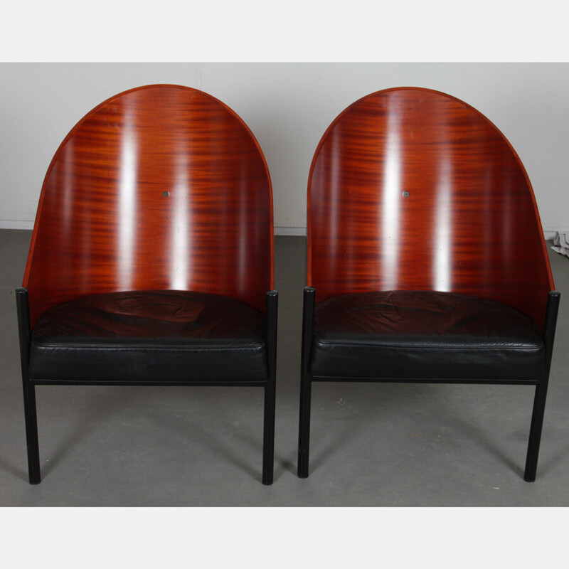 Pair of vintage Pratfall armchairs in mahogany plywood by Philippe Starck for Driade, 1982