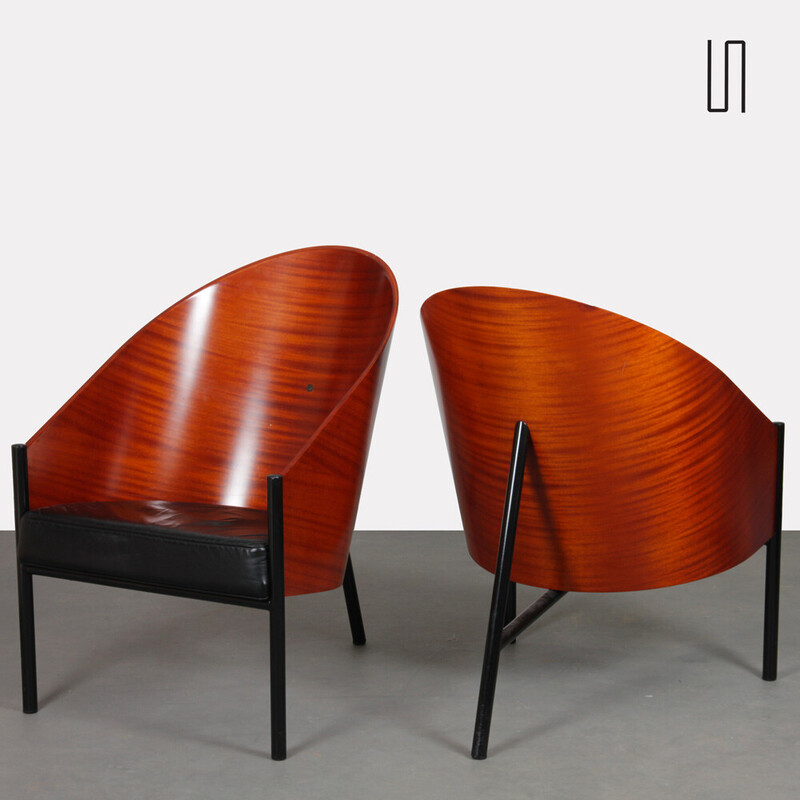 Pair of vintage Pratfall armchairs in mahogany plywood by Philippe Starck for Driade, 1982